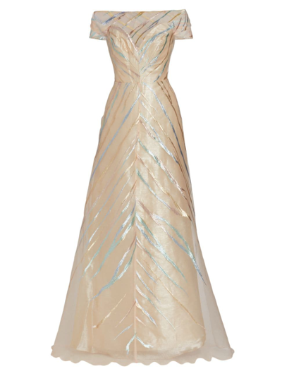 Rene Ruiz Collection Convertible Off-the-shoulder Fil Coupe Gown In Champagne Multi