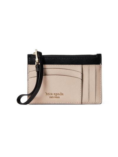 Kate Spade Spencer Leather Card Holder Wristlet In Warm Beige Black