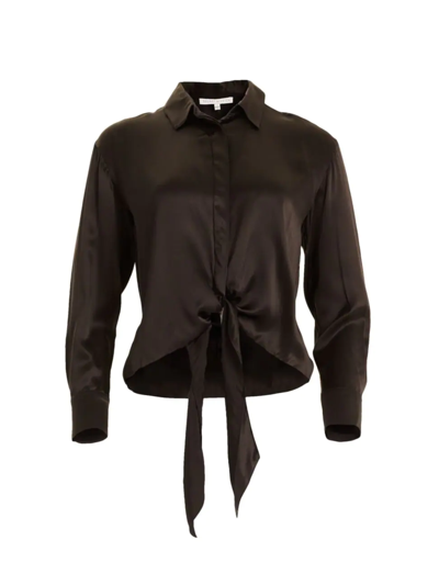 Secret Mission Gem Long-sleeve Front-tie Silk Top In Black