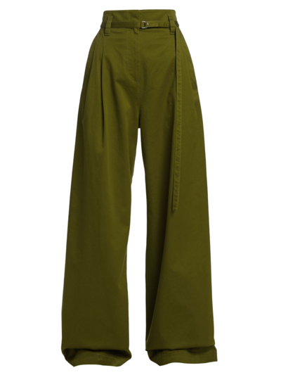 Proenza Schouler White Label Belted Pleated Stretch-cotton Twill Wide-leg Pants In Green