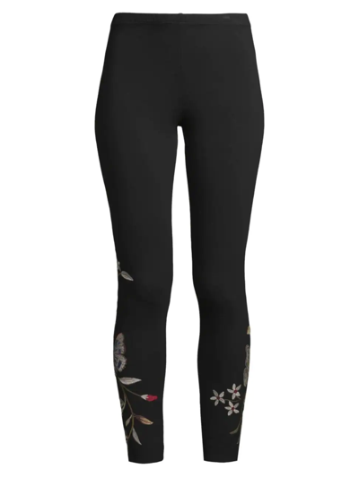 Johnny Was Penelope Cropped Floral-embroidered Leggings In Black