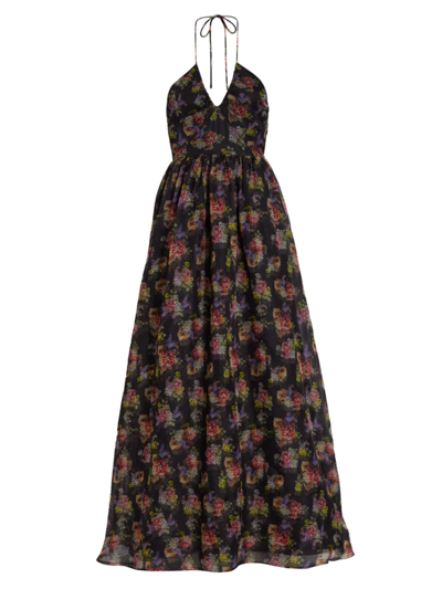 Alice And Olivia Saori Floral Princess Gown In Magnolia Floral Black