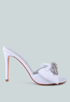 London Rag Brag In Crystal Bow Satin High Heeled Sandals In White