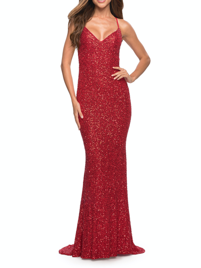 La Femme Luxurious Soft Sequin Dress In Red