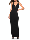 La Femme Body Forming Dress With Exposed Zipper And Slit In Black