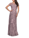 La Femme Floral Beaded Evening Dress With Sheer Cap Sleeves In Pink