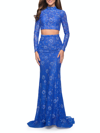 La Femme Long Sleeve Two Piece Lace Dress With Open Back In Blue
