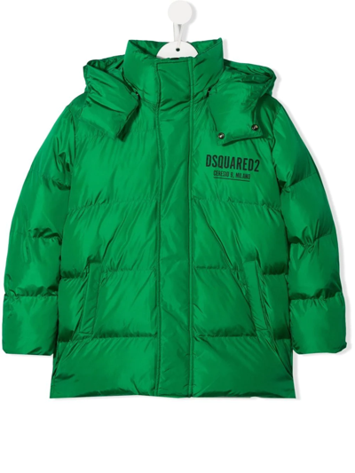 Dsquared2 Kids' Logo Print Hooded Nylon Puffer Jacket In Green