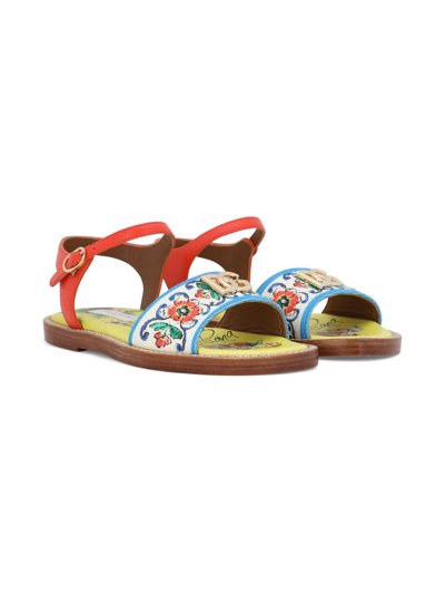 Dolce & Gabbana Kids Yellow Printed Leather Sandals In Multicolor