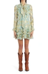 Etro Ruffled Metallic Floral-jacquard Silk-chiffon Mini Dress In Blue