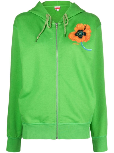 Kenzo Poppy Print Green Zipped Hoodie