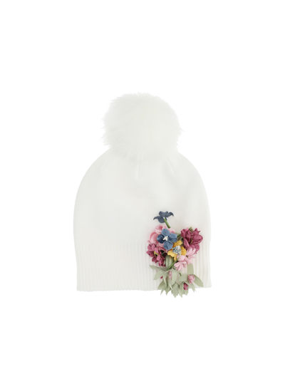 Monnalisa Wool Blend Hat With Flowers In Cream