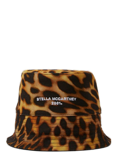 Stella Mccartney Orange Leopard Print Logo Cotton Bucket Hat In Multicolor