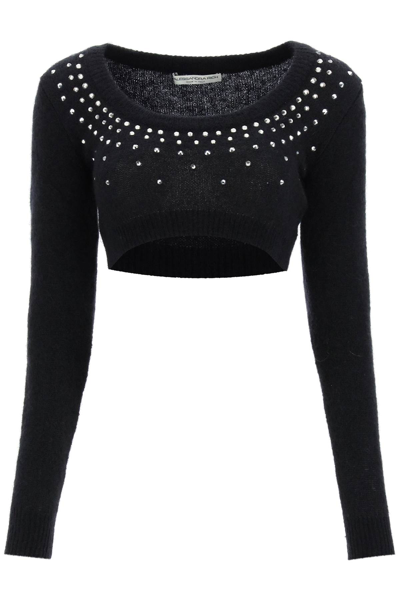 Alessandra Rich Cropped Sweater In Mohair And Wool With Crystals In Black