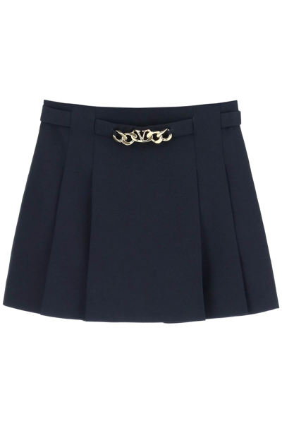 Valentino Belted Pleated Wool And Silk-blend Mini Skirt In Blue