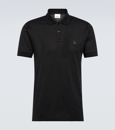 Burberry Black Polo Shirt With Tonal Tb Embroidery In Cotton Man