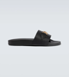 Versace La Medusa Embellished Leather Slides In Nero-oro
