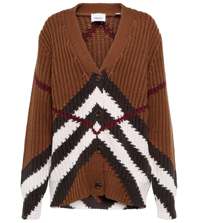 Burberry Striped Ribbed Cashmere And Cotton-blend Cardigan In Dark Birch Brown