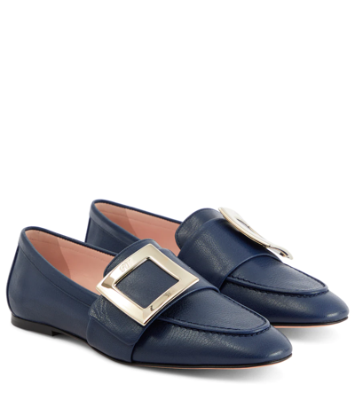 Roger Vivier Leather Buckle Flat Loafers In Navy
