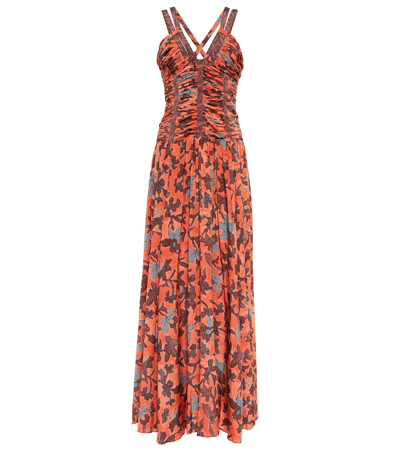 Ulla Johnson Anya Ruched Floral-print Silk-crepe Gown In Orange