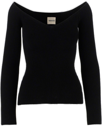 Khaite Luella Off The Shoulder Long Sleeve Rib Sweater In Black