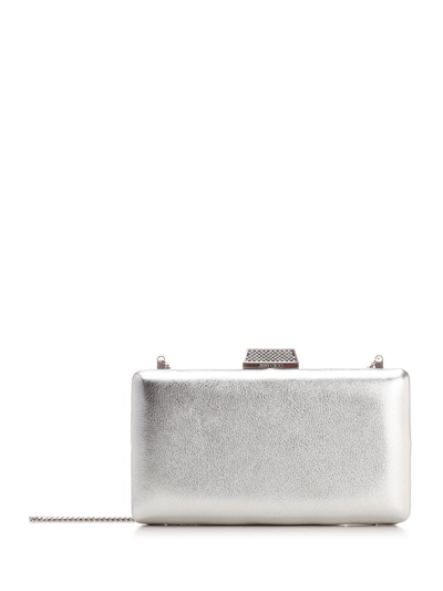 Jimmy Choo Clemmie Crystal-embellished Metallic Leather Clutch In Silver