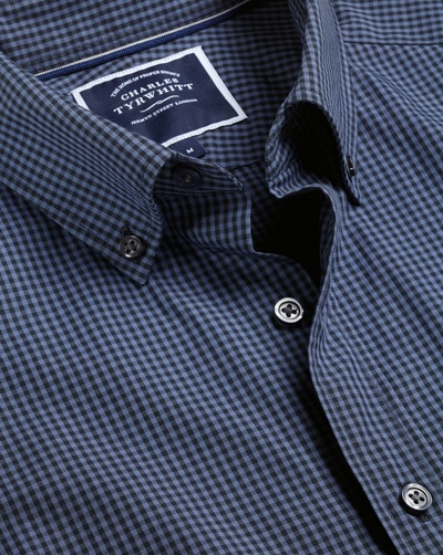 Charles Tyrwhitt Button-down Collar Non-iron Stretch Poplin Mini Gingham Cotton Casual Shirt In Blue