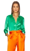 L'agence Dani Silk Satin 3/4-sleeve Button-down Blouse In Green