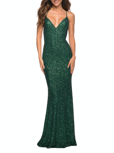 La Femme Luxurious Soft Sequin Dress In Green