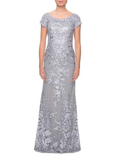 La Femme Three Quarter Sleeve Floral Lace Evening Gown In Grey