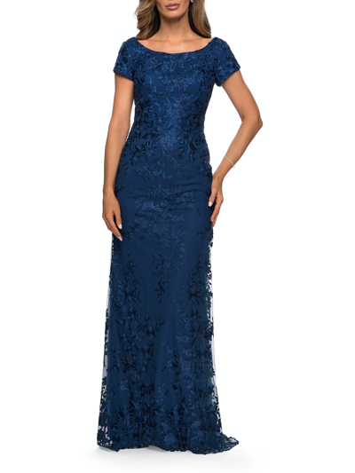 La Femme Three Quarter Sleeve Floral Lace Evening Gown In Blue