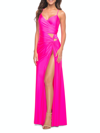 LA FEMME LA FEMME NEON PROM DRESS WITH CUT OUTS AT HIP AND HIGH SLIT