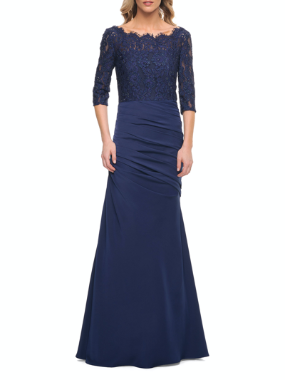 La Femme Gathered Mermaid Satin Gown In Blue