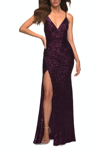 La Femme Wrap Style Front Sequin Long Dress In Purple