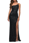 La Femme Simple One Shoulder Long Sequin Evening Gown In Black