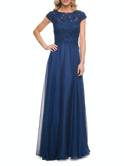 La Femme Lace Bodice Chiffon Dress In Navy