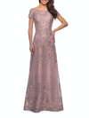 La Femme Sheer Neckline Long Lace Dress In Pink