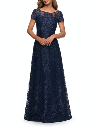 La Femme Short Sleeve Long Sequin Dress With Sheer Neckline In Blue