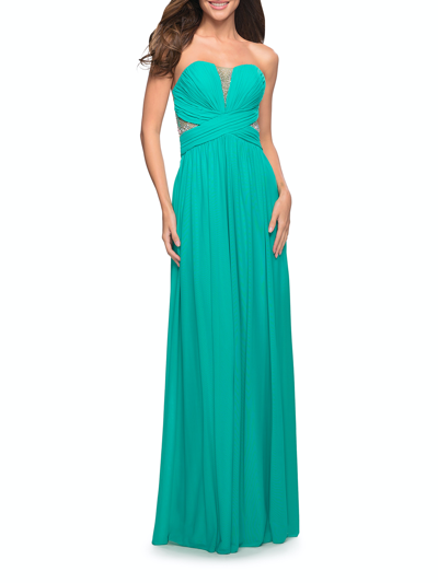 La Femme Net Jersey Dress With Gathered Bodice And V Neckline In Green