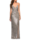 La Femme Lace Up Draped Long Sequin Gown In Grey