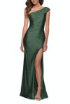 La Femme One Shoulder Shiny Ruched Jersey Gown In Emerald