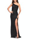 La Femme One Shoulder Luxurious Soft Sequin Dress In Black