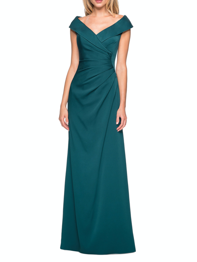 La Femme Ruched Satin Floor Length Gown In Green