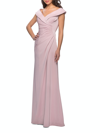 La Femme Ruched Satin Floor Length Gown In Pink