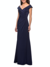 La Femme Ruched Satin Floor Length Gown In Navy