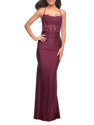 La Femme Gorgeous Lace And Jersey Jewel Tone Dress In Purple