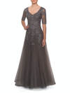La Femme Long A-line Dress With Lace Bodice And V-neck In Grey