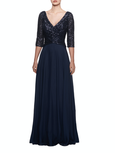 La Femme Long Chiffon Evening Gown With Sequined Bodice In Navy