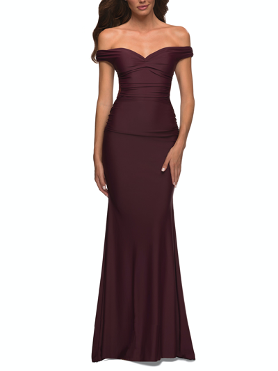 La Femme Luxe Off The Shoulder Gown With Mesh Side And Back Panels In Red
