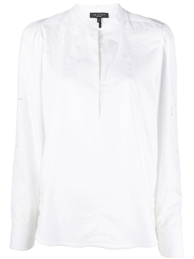 Rag & Bone Jade Embroidered Band Collar Cotton Blouse In White
